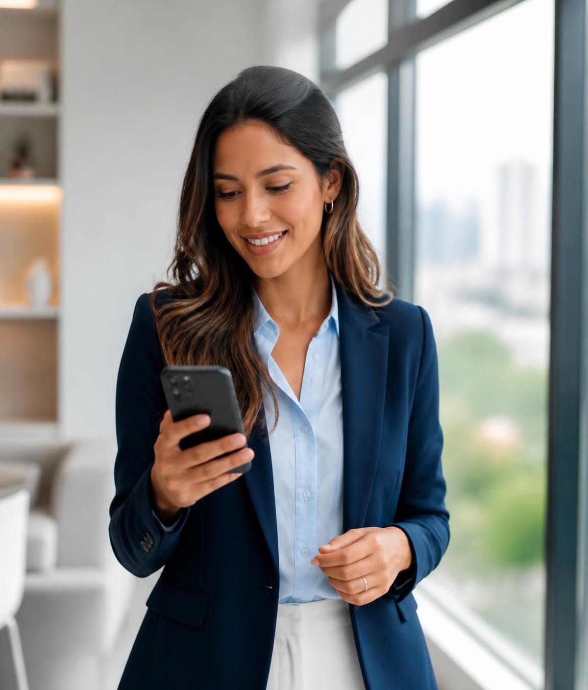 Corretora de imóveis consultando o celular em um escritório iluminado